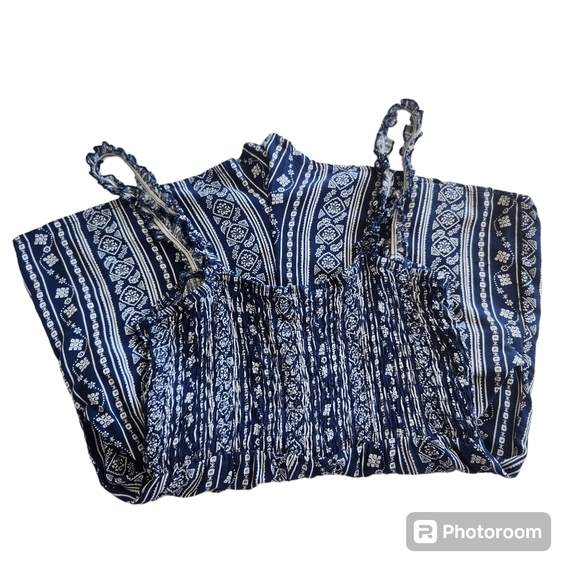 Lily Rose Women's Short Romper Blue/White Shirred Elastic Bodice Pocketed  S-Jr - Picture 6 of 9